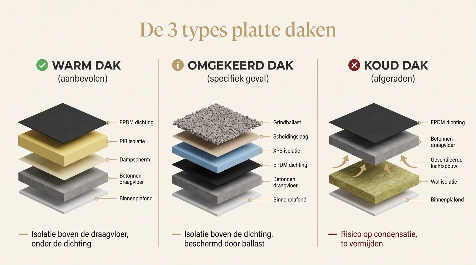 Visuele vergelijking van de 3 types isolatie voor een plat dak: warm dak (aanbevolen), omgekeerd dak en koud dak (af te raden), met opbouw in verticale doorsnede