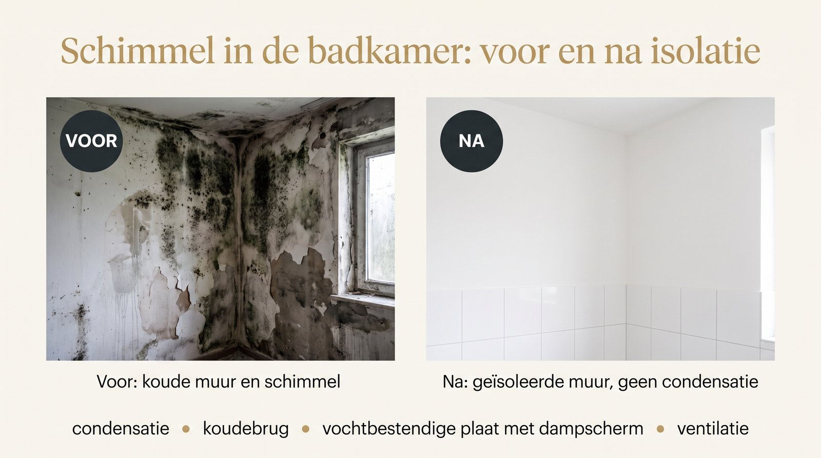 Voor en na: badkamermuur aangetast door zwarte schimmel, en daarna dezelfde muur na behandeling en renovatie