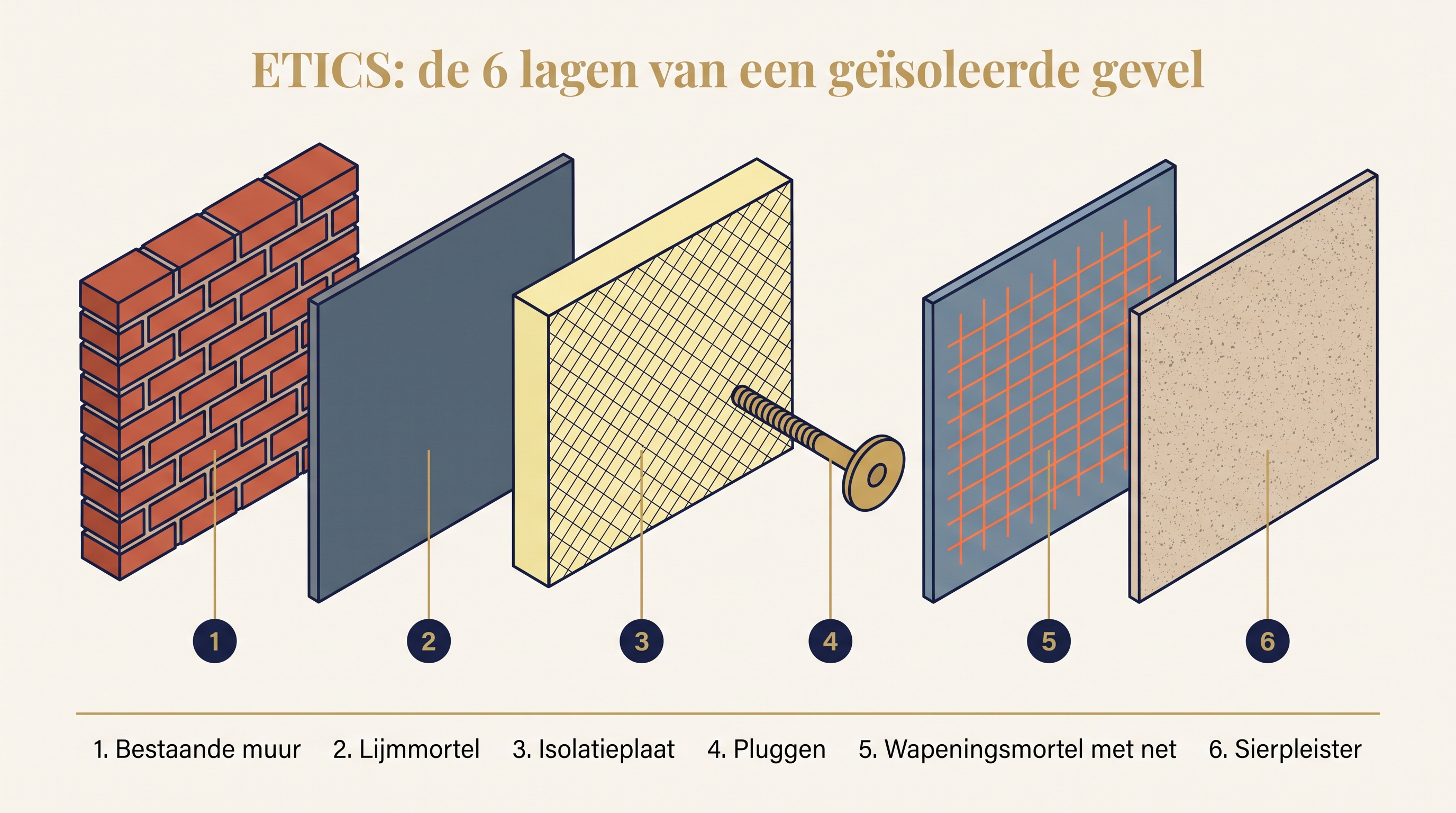 Doorsnede van gevelisolatie met crepi (ETICS): bakstenen muur, kleefmortel, isolatie, plug, gewapende grondpleister, net en afwerkende crepi