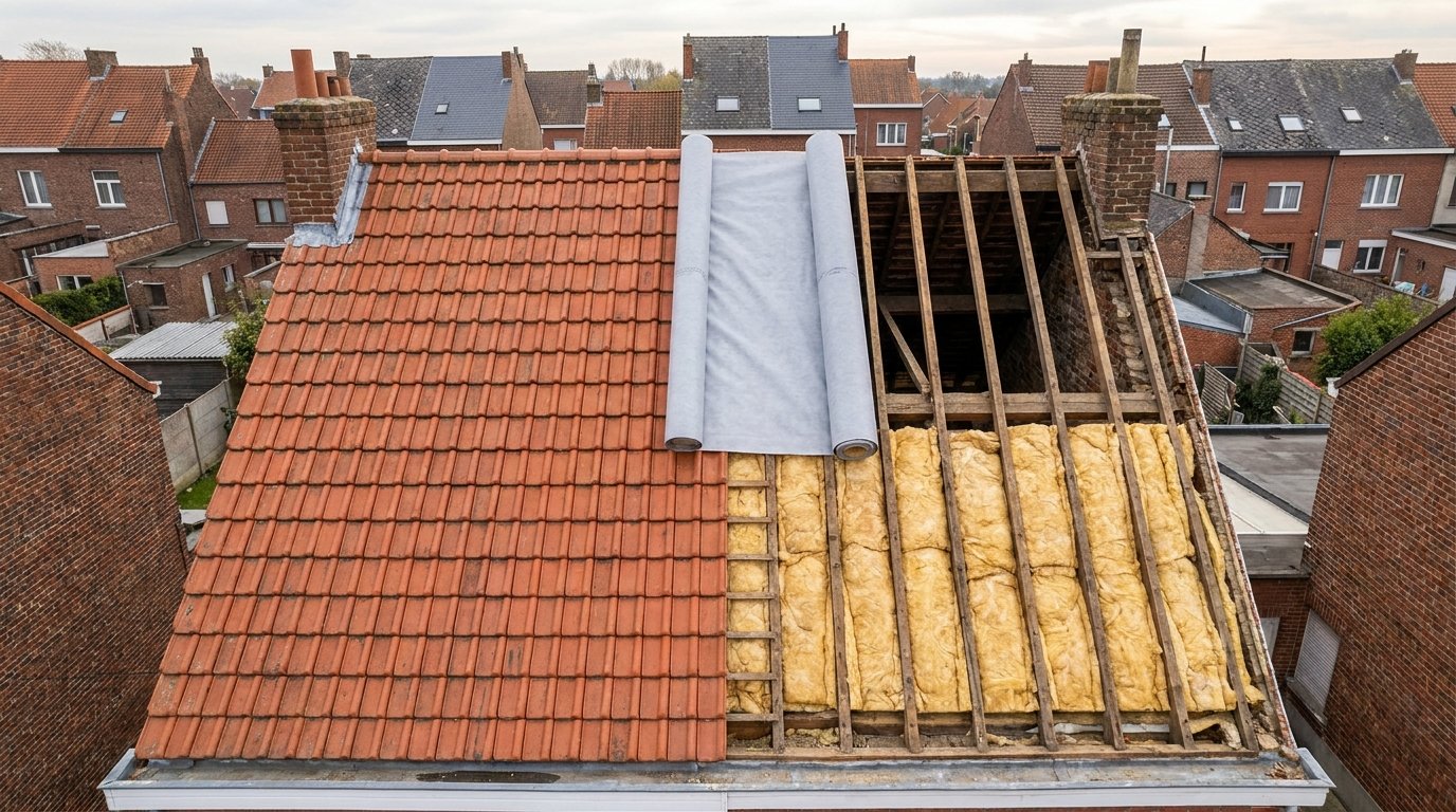 Dakisolatie in Belgie: zicht op een renovatiewerf met pannen en isolatie tussen de kepers