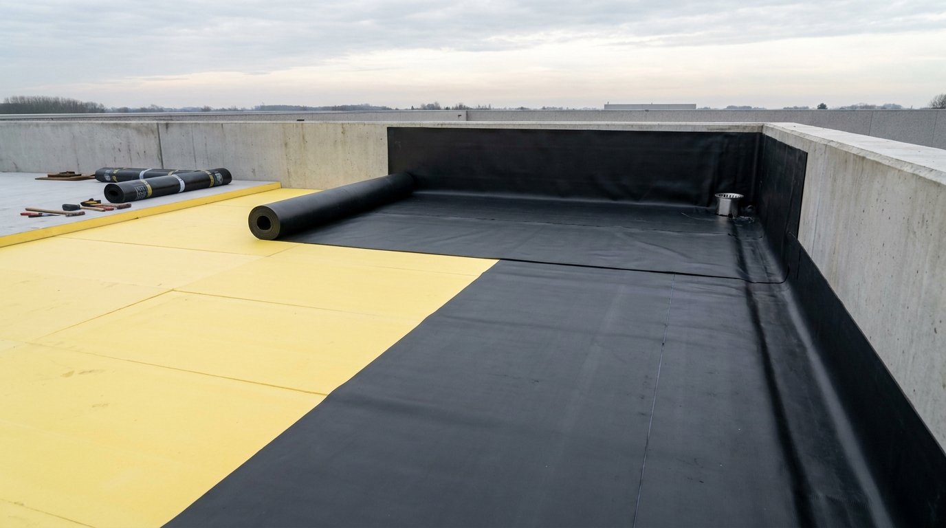 Isolatie plat dak in Belgie: plaatsing van PIR-platen onder een zwart EPDM-membraan