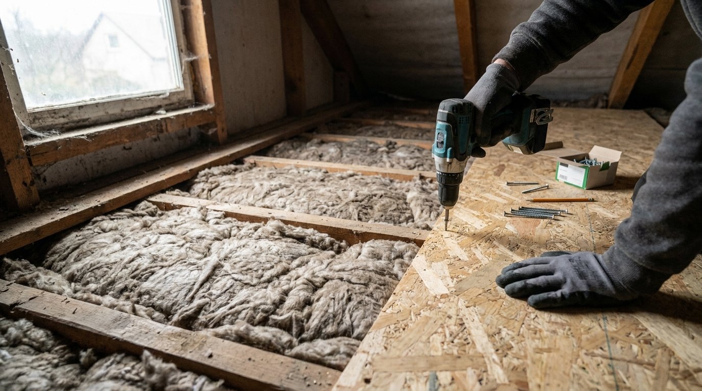 Isolatie van de zoldervloer in Vlaanderen: wol tussen de balken en OSB-platen