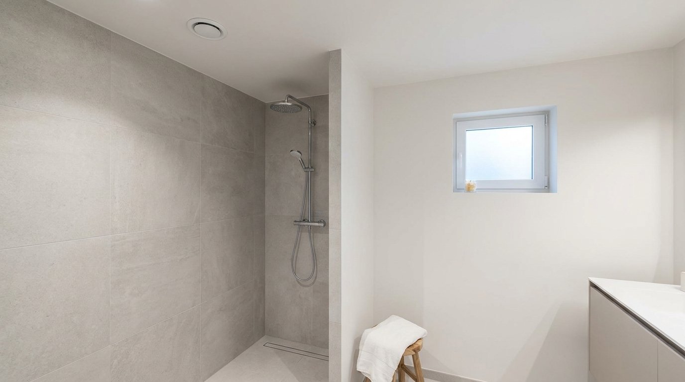 Gerenoveerde en geïsoleerde badkamer in België: grijze tegels, waterafstotende platen, ventilatie in het plafond