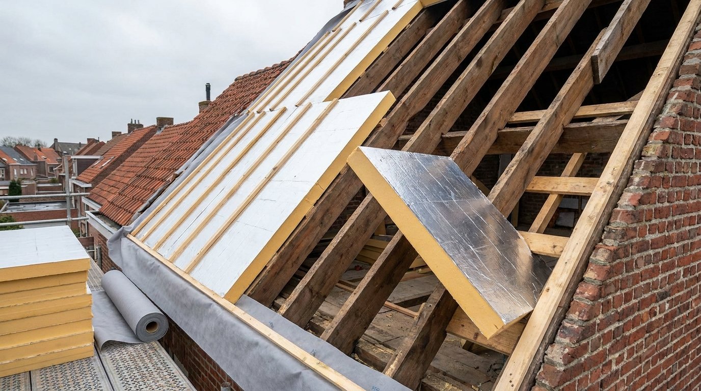 Sarking in Belgie: plaatsing van stijve PIR-platen boven de kepers van een hellend dak