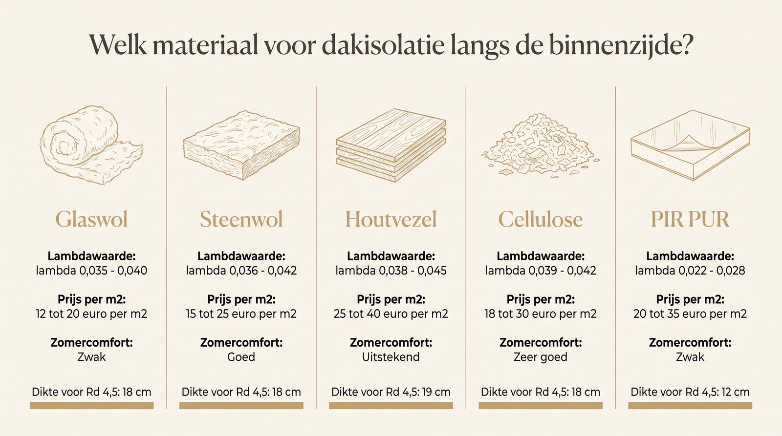 Visuele vergelijking van 5 materialen voor dakisolatie langs de binnenzijde: glaswol, steenwol, cellulose, houtvezel, PUR/PIR met hun lambdawaarde en dikte voor Rd 4,5