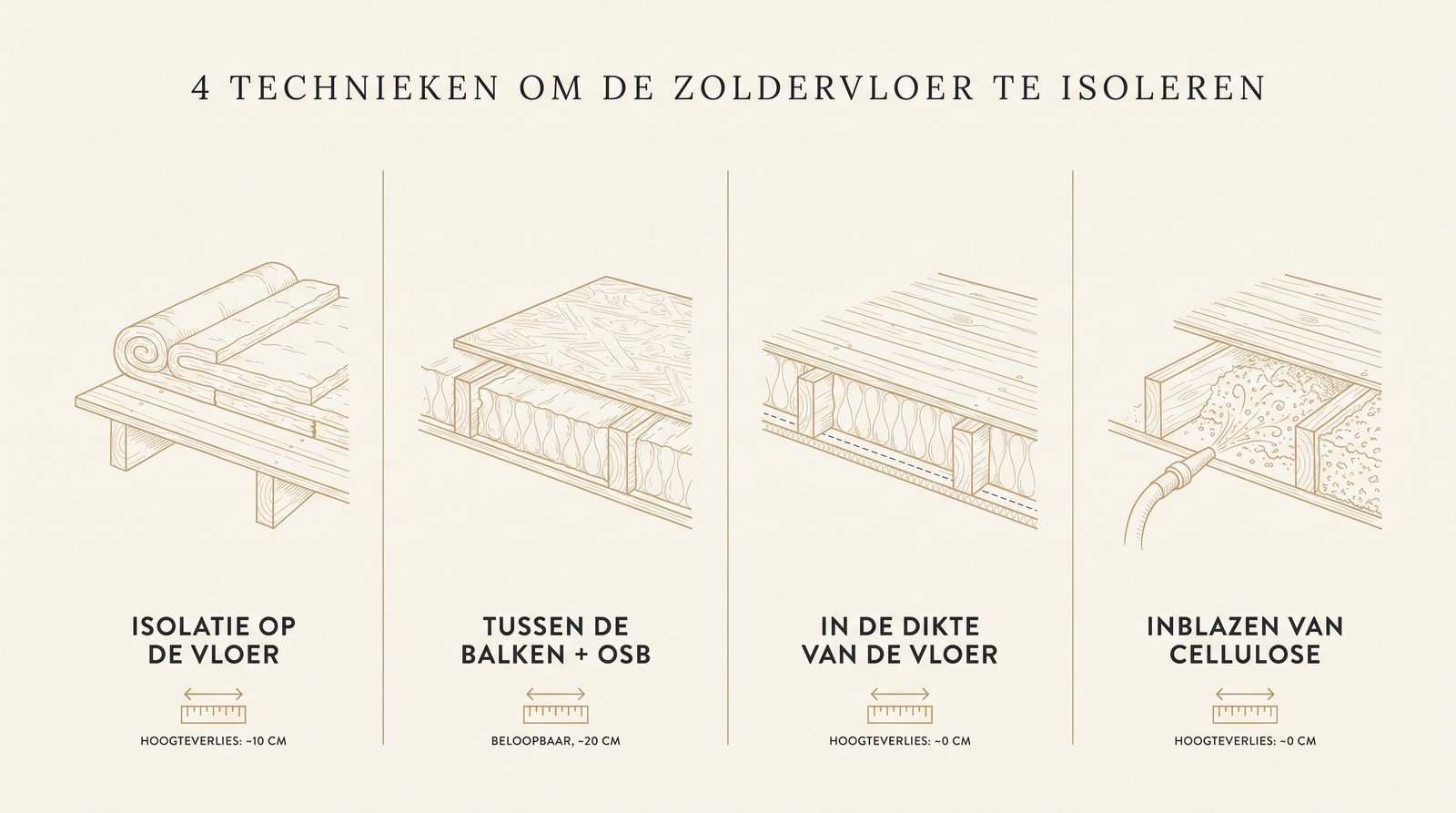 Vergelijkend schema van de 4 methodes om de zoldervloer te isoleren: op de houten vloer, tussen de balken plus OSB, in de dikte en via de onderzijde