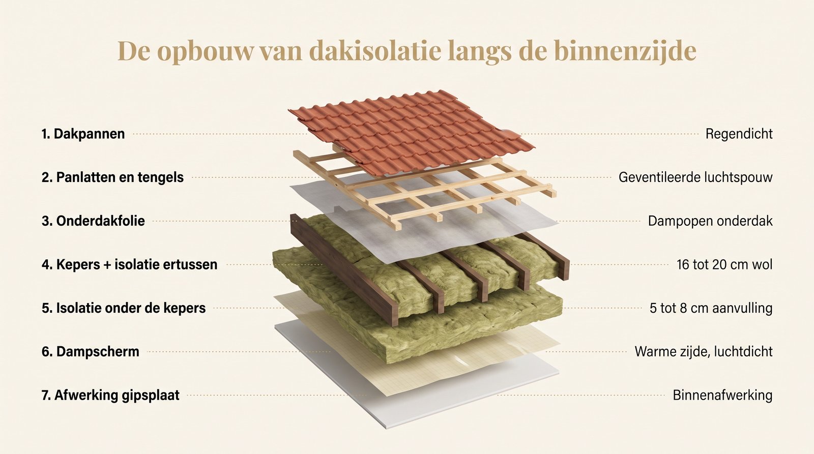 Schema in verticale doorsnede van de 7 lagen van een hellend dak dat langs de binnenzijde geisoleerd is: pannen, latten, onderdak, kepers + isolatie, isolatie onder de kepers, dampscherm, afwerking