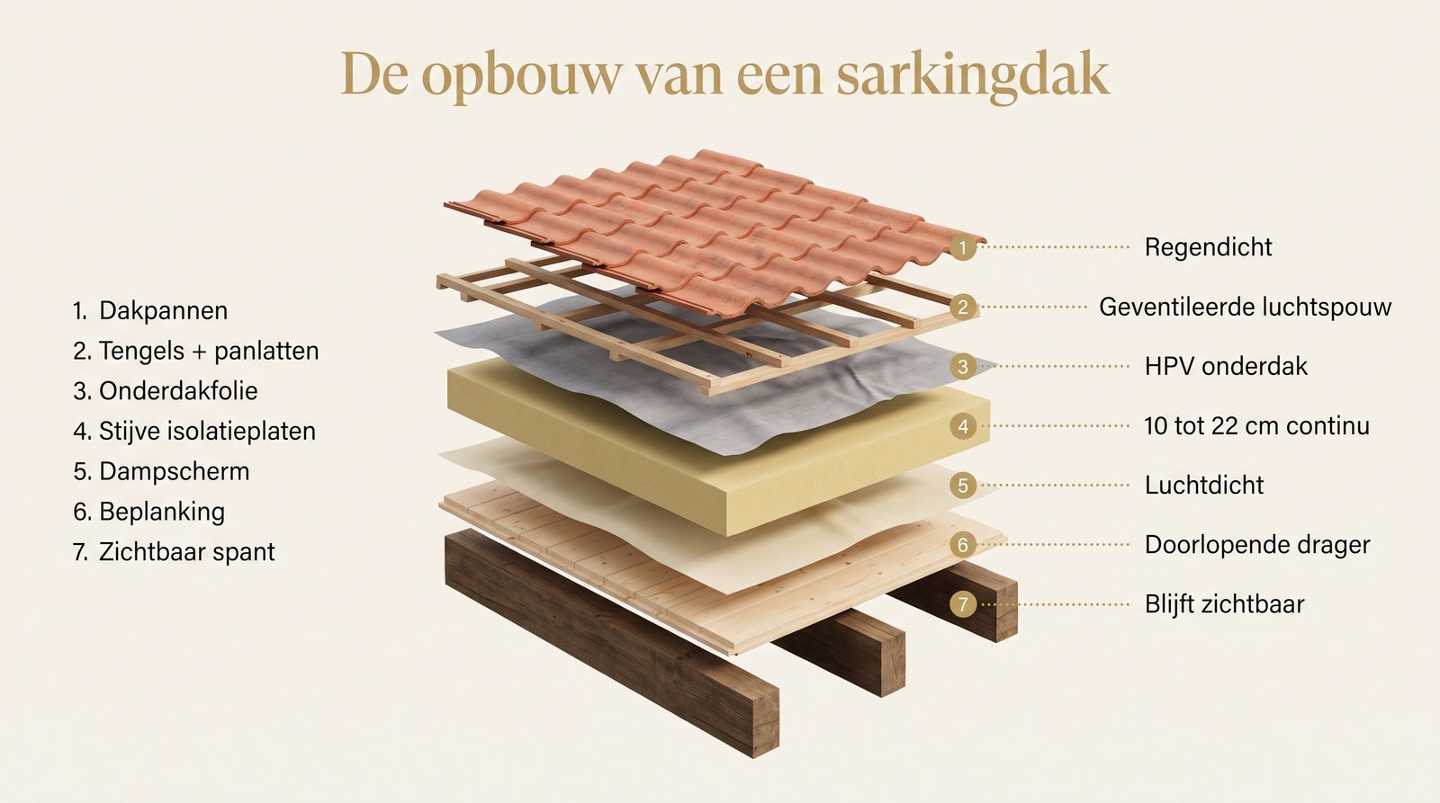 Schema in verticale doorsnede van de 7 lagen van een sarkingdak: zichtbaar dakgebinte, beschot, dampscherm, stijve isolatieplaten, HPV-onderdak, tegenlatten, pannen