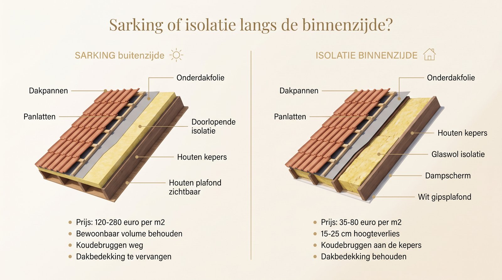 Vergelijking sarking versus isolatie langs de binnenzijde: verticale doorsneden en 4 sleutelcriteria (prijs, ruimte, koudebruggen, dakgebinte)